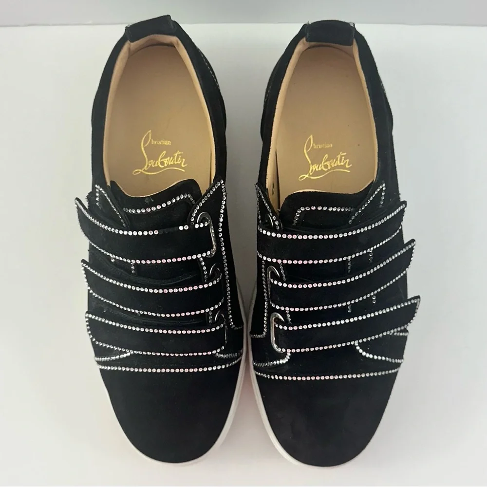 EUC! Christian Louboutin Black Suede Kiddo Bordo Crystal Velcro Sneakers 37 7 - Picture 11 of 15